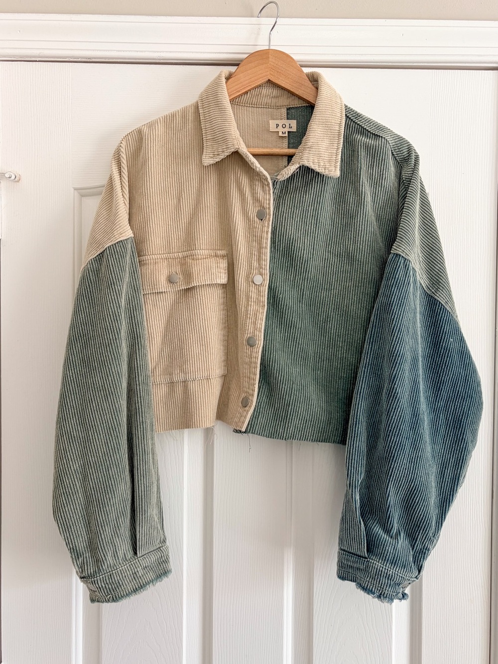 POL Sage Green Colorblock Corduroy Cropped Shacket Raw Hem M Boho Jacket - Picture 6 of 11